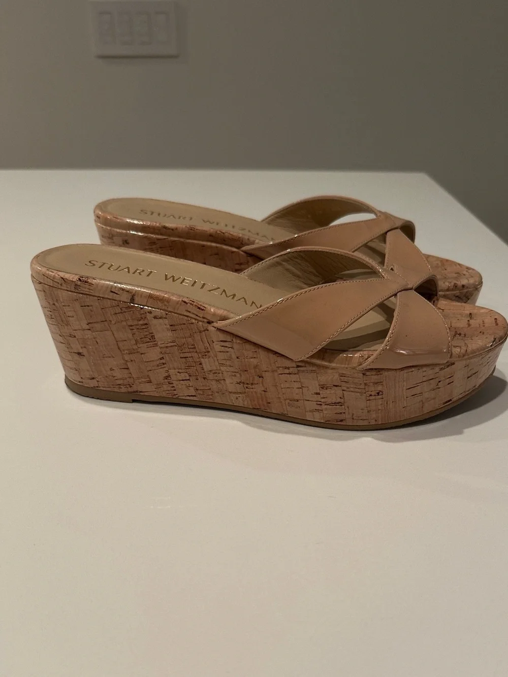 Stuart Weitzman Beige Patent Cork Platform Wedge Sandals - Picture 1 of 5